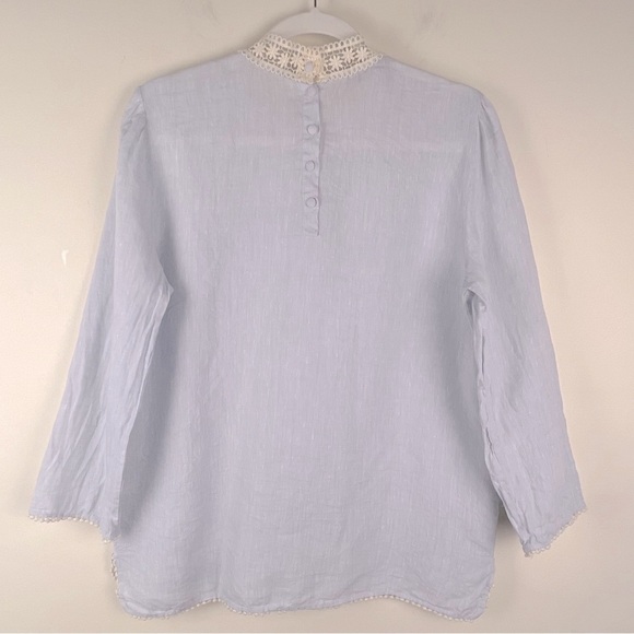 Zara Prairie Cottagecore Linen Crocheted Lace Trim Long Sleeve Blue Top Blouse M - Picture 6 of 14